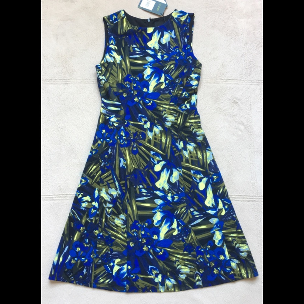 LYSSE’ Noche Pont Flare Dress, Size SMALL, Blue & Yellow Floral, Stretchy, NWT